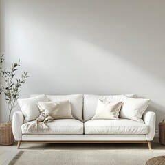 White sofa placed against a fireplace, reflecting minimalist home interior design for a modern living room in a villa in a forest, Generative AI