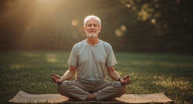 Older man meditating outdoors on a yoga mat in nature