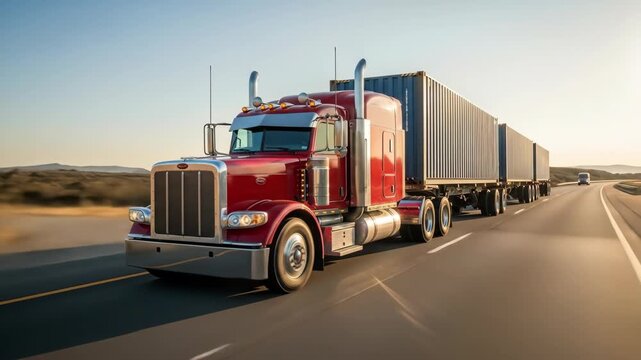 Red semi truck with multiple containers speeding on highway at sunset, commercial freight transport footage.