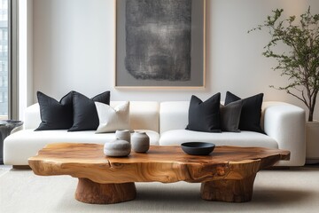 Wood coffee table placed near a white sofa with black pillows, positioned against a wall with a large poster frame. Japanese home interior design for a modern living room, Generative AI