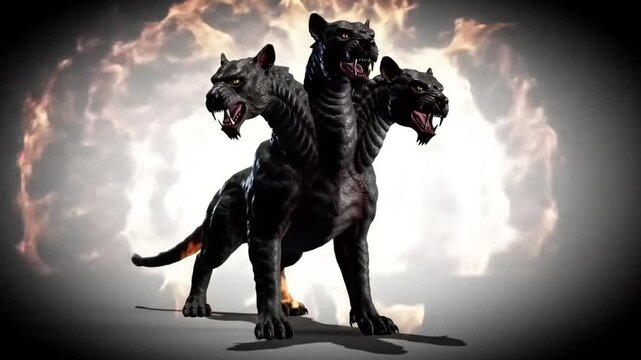 Menacing Three Headed Canine with Fiery Aura in Dark Theme Gradient Background
