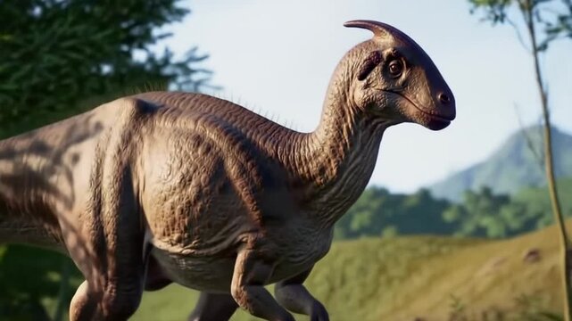 Parasaurolophus Taking Slow Steps Forward with Head Slightly Lowered in Lush Green Environment with Distant Hills Under a Clear Sky