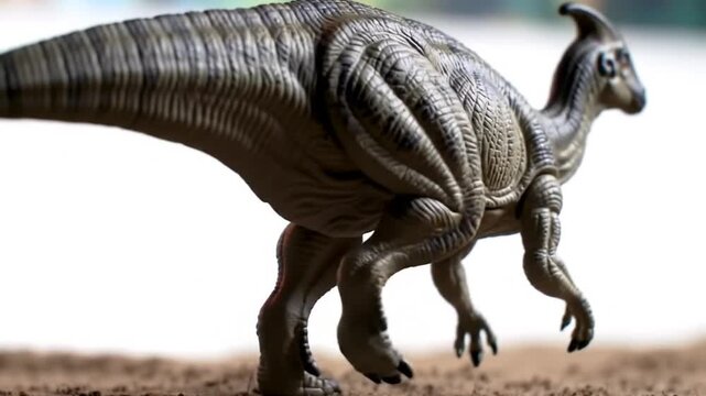 Parasaurolophus Toy on Brown Surface Legs Repositioning Detailed Close Up Capture of Prehistoric Reptilian Animal with Distinctive Crest