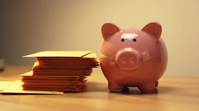Piggy bank next to stacked envelopes
