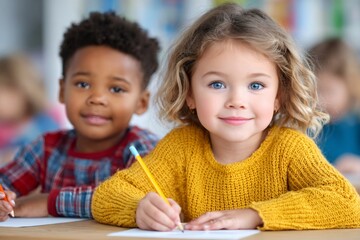 Cute children drawing together at school desk