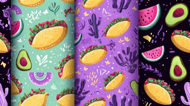 Colorful food patterns of tacos, watermelon, avocado, cactus, on various backgrounds