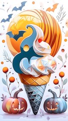 Spooky ghost character ice cream sundae for a Halloween treat. Spooky Halloween Ice Cream Cone with Bats and Pumpkins Illustration