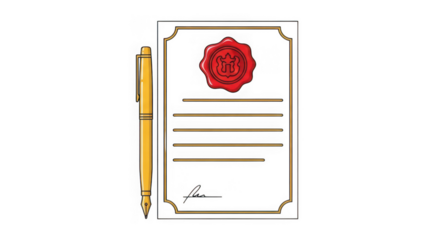 Ai generated image of official document with red wax seal and pen isolated on transparent background