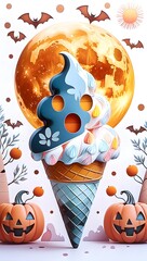 Spooky ghost character ice cream sundae for a Halloween treat. Whimsical Halloween Ice Cream Character with Pumpkin and Moon