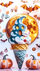Spooky ghost character ice cream sundae for a Halloween treat. Playful Character with Ice Cream Cone in a Spooky Halloween Setting