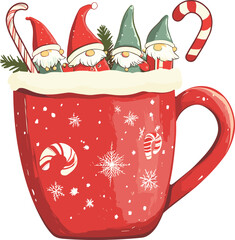 Festive Christmas gnomes enjoying warm cocoa with candy canes in cozy mug