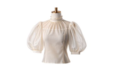 Cream blouse with puffy sleeves and ruffled high neck collar, isolated on a transparent background