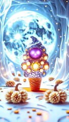 Spooky ghost character ice cream sundae for a Halloween treat. Whimsical Ghostly Ice Cream Cone Character with Colorful Decorations
