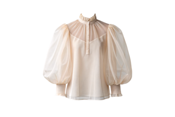 Cream blouse with puffy sleeves, ruffled collar and button front, isolated on a transparent background
