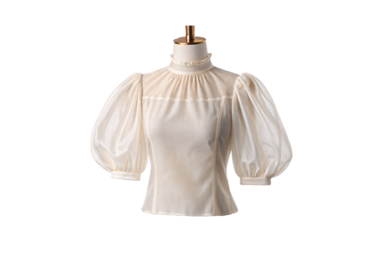 Cream blouse with puffy sleeves and ruffled high neck collar, isolated on a transparent background