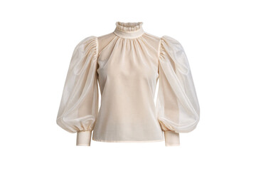 Cream blouse with dramatic puffy sleeves and ruffled turtleneck collar, isolated on a transparent background