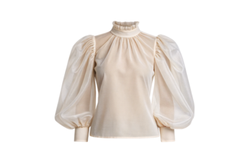 Cream blouse with dramatic puffy sleeves and ruffled turtleneck collar, isolated on a transparent background