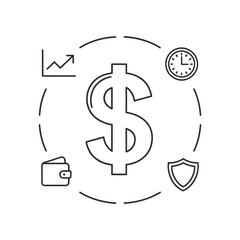 Financial Investment Strategy Outline Dollar Sign with Growth Chart, Clock, Wallet, and Shield Icons in a Circular Arrangement