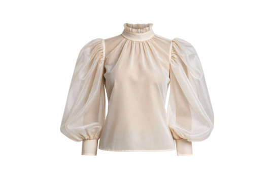Cream blouse with dramatic puffy sleeves and ruffled turtleneck collar, isolated on a transparent background