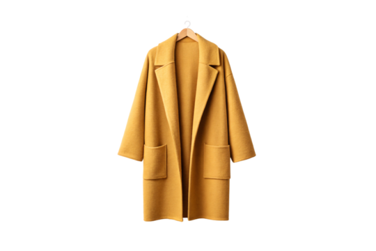 Mustard yellow oversized wool coat with lapels and front pockets, isolated on a transparent background