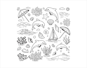 Summer Break. Sketchy Italian vacation elements in blue hues. Ocean life doodles. Isolated Mediterranean vector collection for cards, prints, and wedding invites.