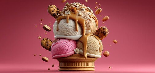 multiple ice cream scoops in various colors and flavors stacked in a waffle cone, with sprinkles falling around it, creating a sense of fun and abundance.