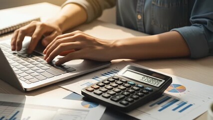 Person typing on a laptop next to a calculator and financial charts - Powered by Adobe