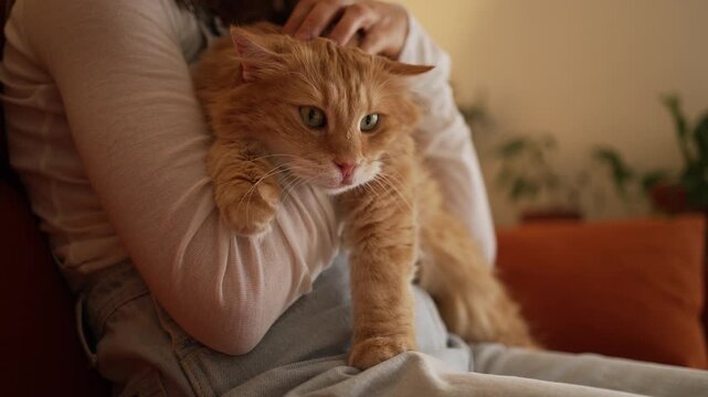 Gentle caressing of ginger cat sitting on woman's lap, displaying pure contentment and deep relaxation within warm, intimate home setting