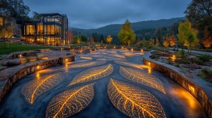 Stone leaf pattern path at dusk, illuminated by embedded lights next to modern building