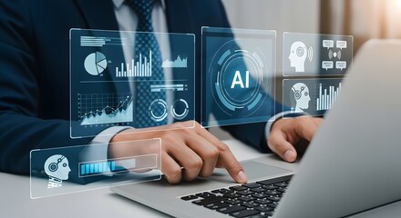 Modern businessman analyzing AI data on laptop for strategic growth planning, empowering business decisions and boosting innovation with technology