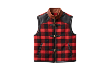 Red and black buffalo check quilted vest with leather trim and toggle closures, isolated on a transparent background