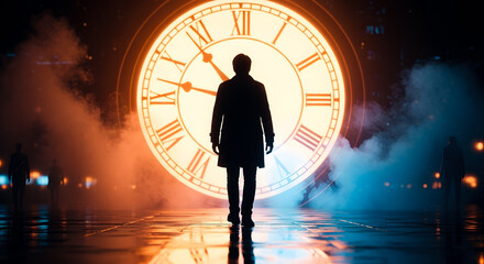man walking towards a large glowing clock, a conceptual journey into the future and destiny