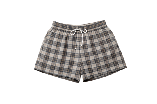Neutral plaid flannel shorts with elastic waistband in beige and gray checkered cotton fabric, isolated on a transparent background