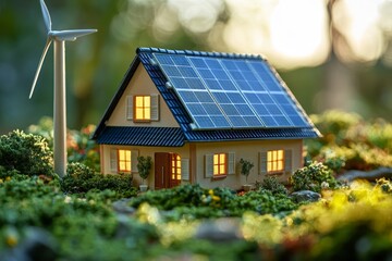 Close-up of a house model showcasing solar panels and a wind turbine during a school lesson, illustrating the importance of renewable energy sources, Generative AI