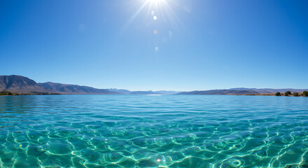 Clear crystal blue lake with perfect reflection of surrounding landscape, showcasing serene nature, tranquil water, and peaceful outdoor beauty
