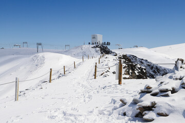 Les Deux Alpes. Mountain range of the French Alps. Snow-capped peaks. Perennial glaciers.