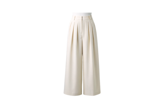 Cream colored high-waisted wide leg pleated palazzo pants with elastic waistband and flowing silhouette, isolated on a transparent background