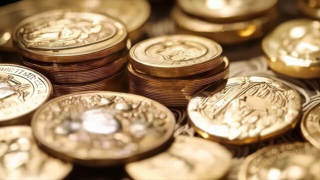 Close-up of shiny gold coins with detailed patterns. Ideal for financial themes, historical projects and wealth illustrations.
