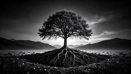 Monochromatic depiction of a robust tree with expansive roots against a stark landscape