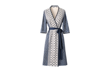 Navy and white geometric print wrap dress with three-quarter sleeves and tie, isolated on a transparent background