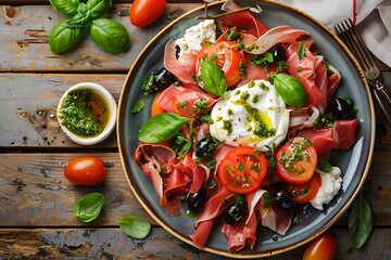 Salad with prosciutto, mozzarella cheese, tomatoes, olives and basil