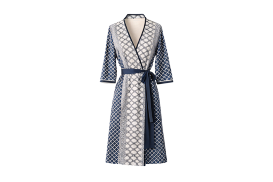 Navy and white geometric print wrap dress with three-quarter sleeves and tie, isolated on a transparent background