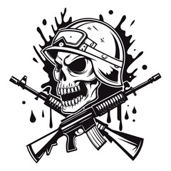 Vintage skull soldier with helmet and crossed guns