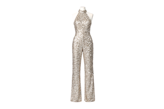 Glamorous champagne gold sequined halter jumpsuit displayed on mannequin with straight-leg silhouette and belt detail, isolated on a transparent background