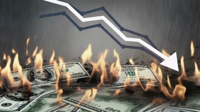 Burning dollar bills under a falling graph line, symbolizing financial crisis, economic recession, and market collapse footage.
