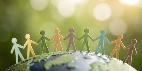 Group of diverse people holding hands, standing on top of the Earth with a green bokeh nature background. Unity and global connection for World People's Day. Paper figures representing human diversity
