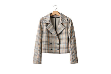 Gray glen plaid cropped blazer with double-breasted buttons and notched lapels, isolated on a transparent background
