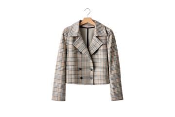 Gray glen plaid cropped blazer with double-breasted buttons and notched lapels, isolated on a transparent background