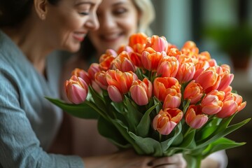 Senior woman and her nurse holding a tulip bouquet, representing the bond between caregiver and patient, emphasizing the importance of care and compassion, Generative AI