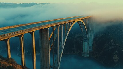 Obraz premium Misty bridge morning fog covered arch bridge historic concrete structure American engineering design natural background